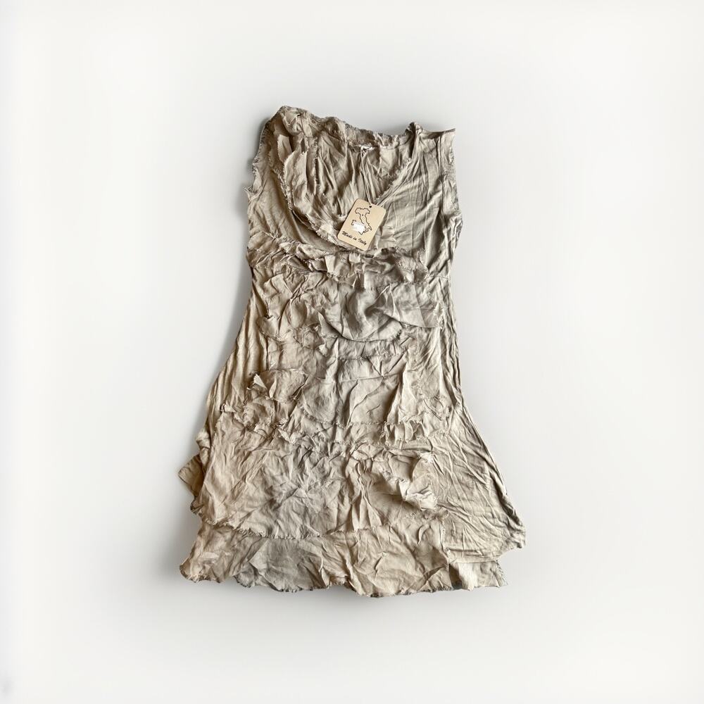 Made in Italy Silk Dress Multi Layer Ruffled Frayed Tan size S Boho Resort NWT